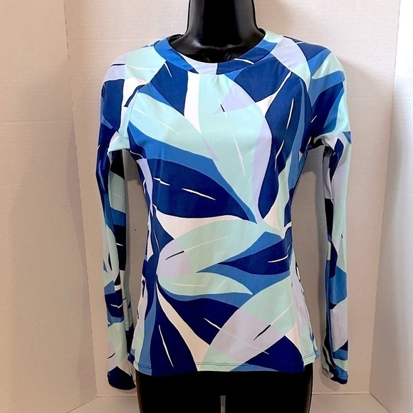La Blanca Multicolor Leaf Pattern Long Sleeve Wash Guard Top Small